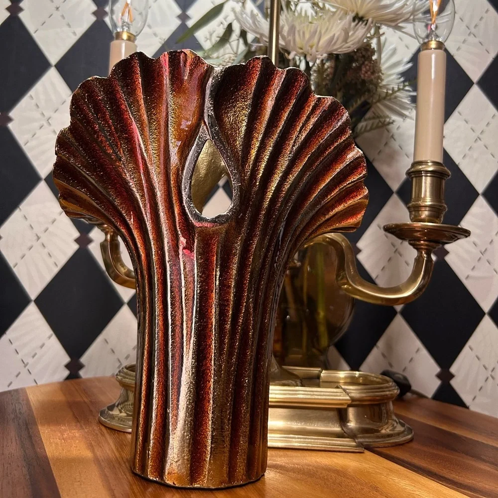 Vase Modern Asian Metal Enameled Ginkgo Leaf 9 Inch Decorative‎ Art